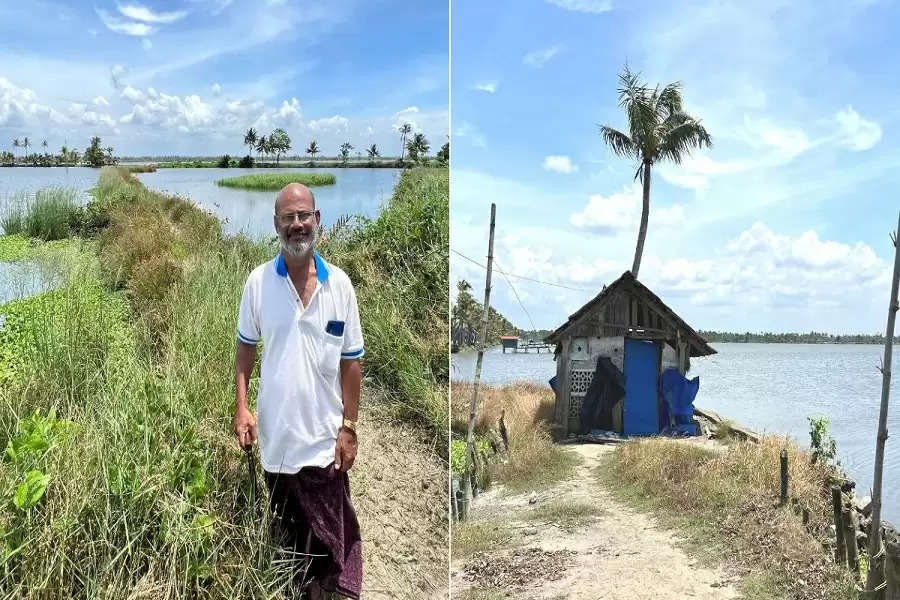 The mesh-fitted sluice gates used to regulate water during high and low tides; Aliyas Puthusheri, an integrated farming practitioner, would spend his nights at the temporary shed near the field